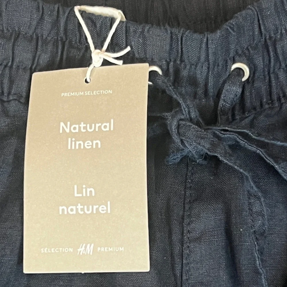 H&M Premium Selection Linen Pants Women Small Black Elastic Drawstring NEW